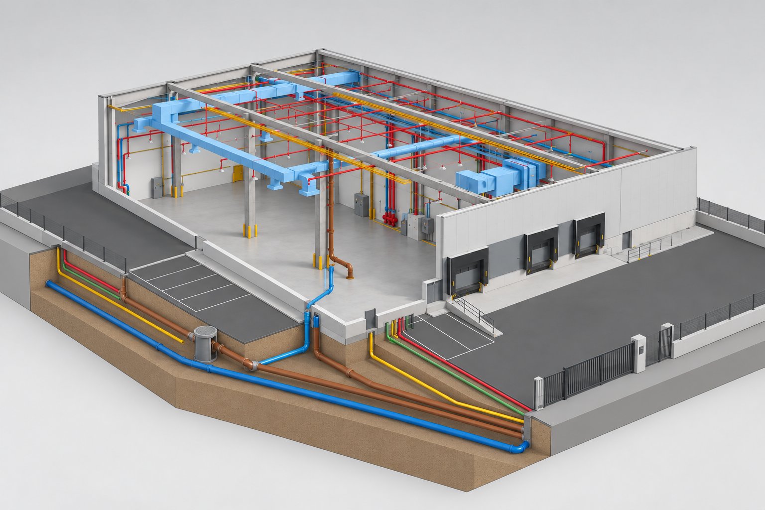Modelo BIM com o terreno em corte e as redes enterradas ligadas ao edifício