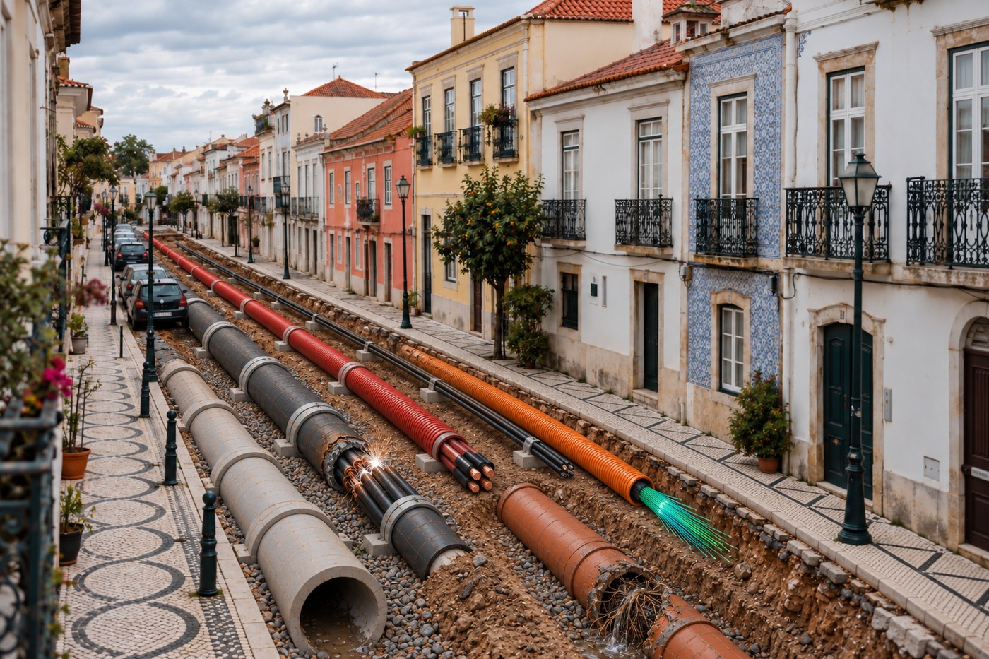 A mesma rua com o pavimento em corte e as redes enterradas visíveis